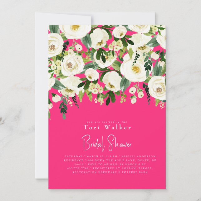 Invitación Ducha de novia blanca floral caliente rosa calient (Anverso)