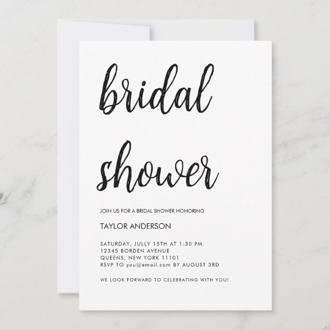 Invitación Ducha de novia blanca manuscrita minimalista (Anverso)