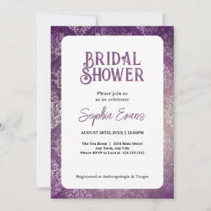 Invitación Ducha de novia blanca morada y plateada Damask