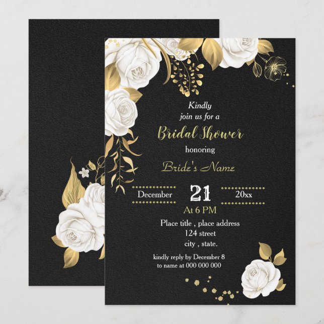 Invitación ducha de novia blanca y dorada (Anverso / Reverso)
