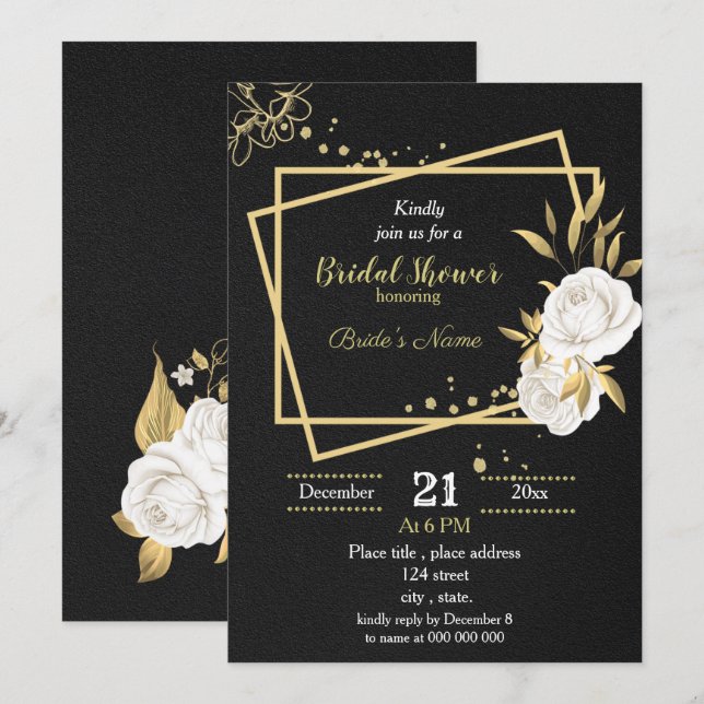 Invitación ducha de novia blanca y dorada (Anverso / Reverso)