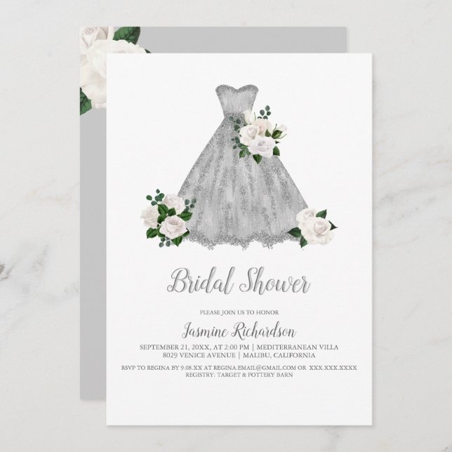 Invitación Ducha de novia blanca y plateada en bonito (Anverso / Reverso)