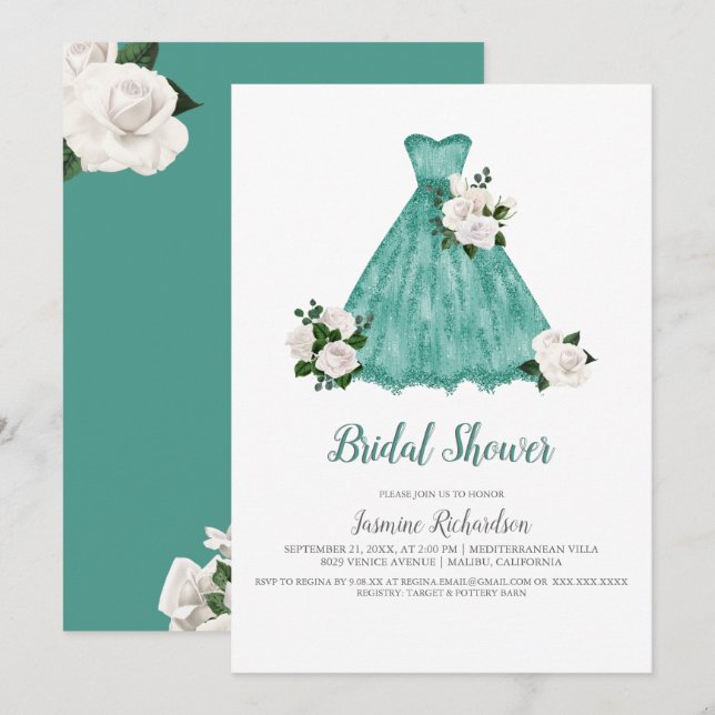 Invitación Ducha de novia blanca y Verde azulada (Anverso / Reverso)
