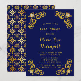 Invitación Ducha de novia Blue and Gold Royal Crown Damask