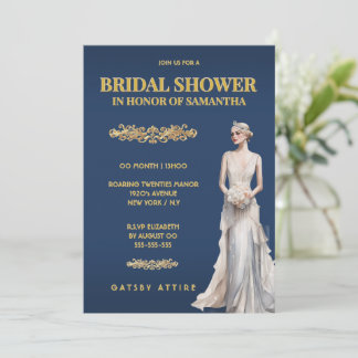 Invitación Ducha de Novia Blue Gold Gatsby Elegante