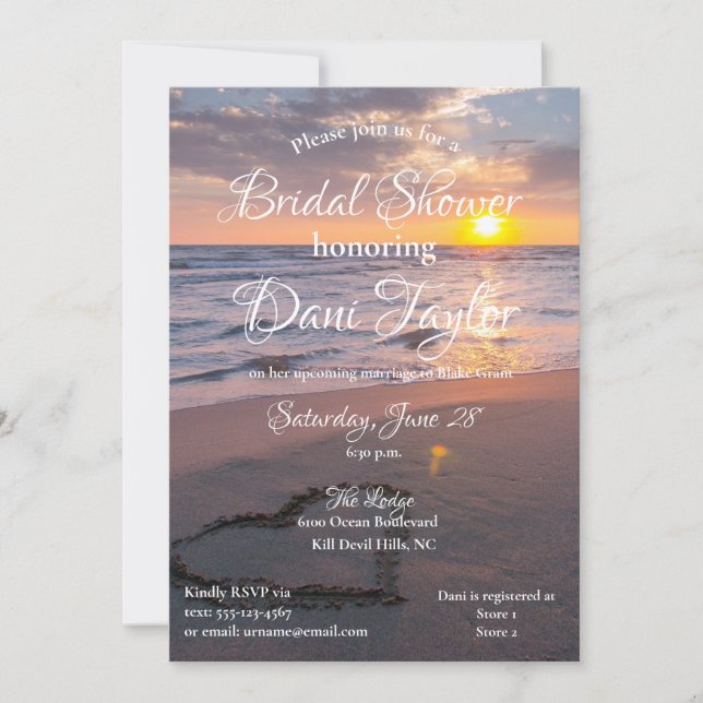 Invitación Ducha de novia Blue & Golden Beach Sunset (Anverso)