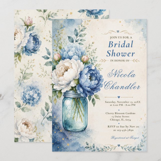 Invitación Ducha de Novia Blue Peony (Anverso / Reverso)