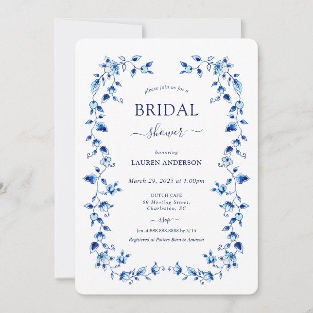 Invitación Ducha de novia Blue & White Delft (Anverso)