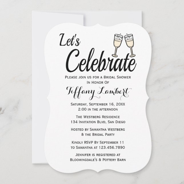 Invitación Ducha de novia Boda blanco negro Champaña de vidri (Anverso)