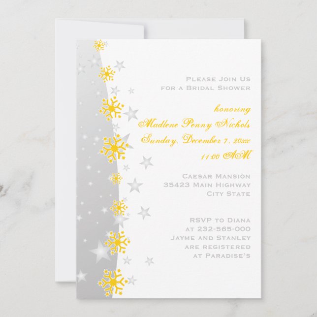 Invitación Ducha de novia boda de copo de nieve gris amarillo (Anverso)