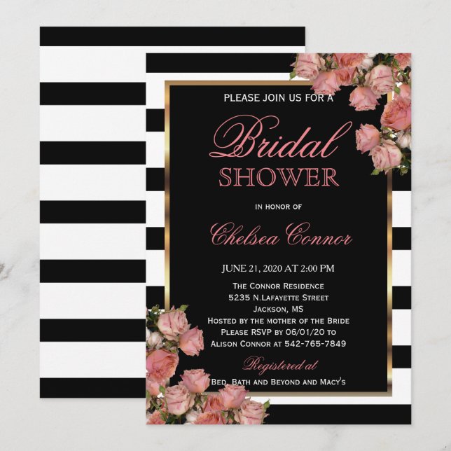 Invitación Ducha de novia - Boda Rosa de oro negro y blanco (Anverso / Reverso)