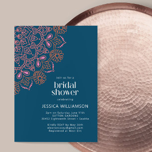 Invitación Ducha de Novia Bohemiana Azul Moderna con Mandala