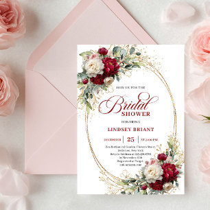 Invitación Ducha de Novia Boho Burgundy Blanco Floral Dorado