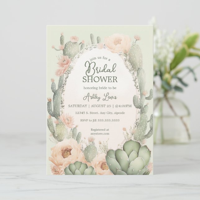Invitación Ducha de Novia Boho Cactus Floral Suroeste (Anverso de pie)