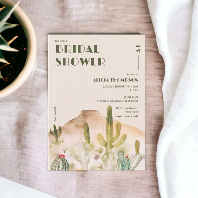 Invitación Ducha de novia Boho Desert Cactus Arizona (Boho Desert Cactus Arizona bridal shower Invitation on beige)