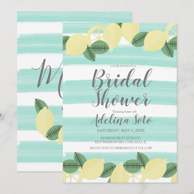 Invitación Ducha de Novia Boho Limón Acuarela Raya País (Anverso / Reverso)