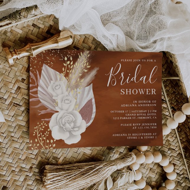Invitación Ducha de novia Boho White Rose Pampas Terracotta (Subido por el creador)