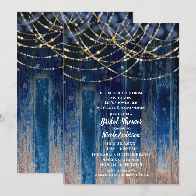 Invitación Ducha de Novia Bokeh de Madera de Granero Costero  (Anverso / Reverso)
