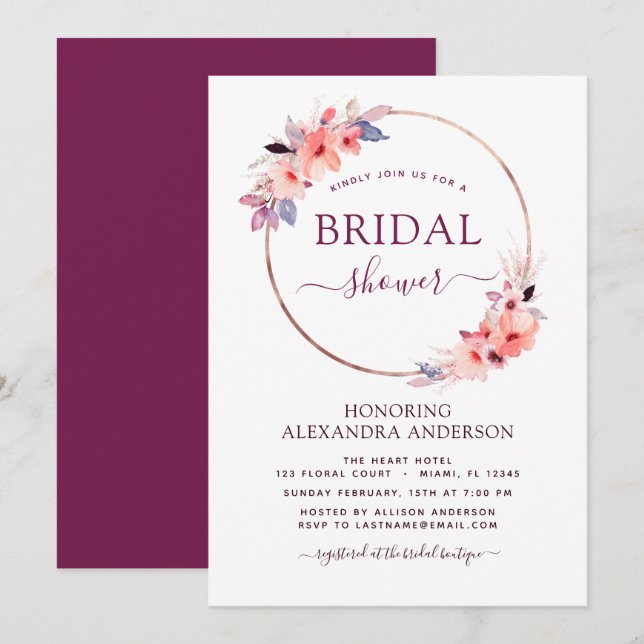 Invitación Ducha de novia Borgoña Floral de primavera geométr (Anverso / Reverso)