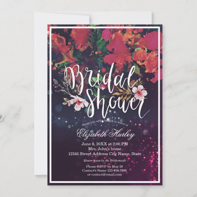 Invitación Ducha de novia Borgoña Rojo Floral Purple Luces (Anverso)