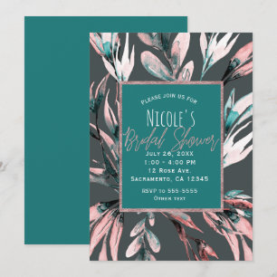 Invitación Ducha de Novia Botánica Acuarela Gris Coral Teal
