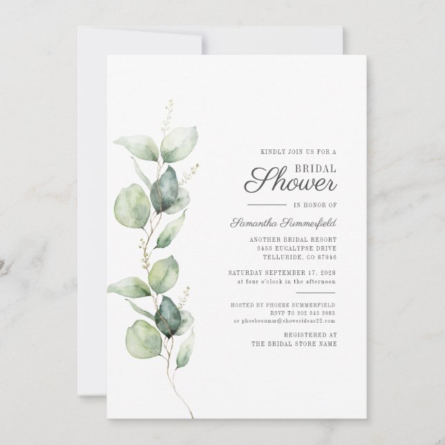 Invitación Ducha de novia botánica con guión de eucalipto (Anverso)