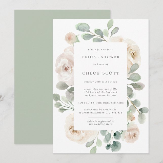 Invitación Ducha de novia botánica floral de rosa blanca (Anverso / Reverso)