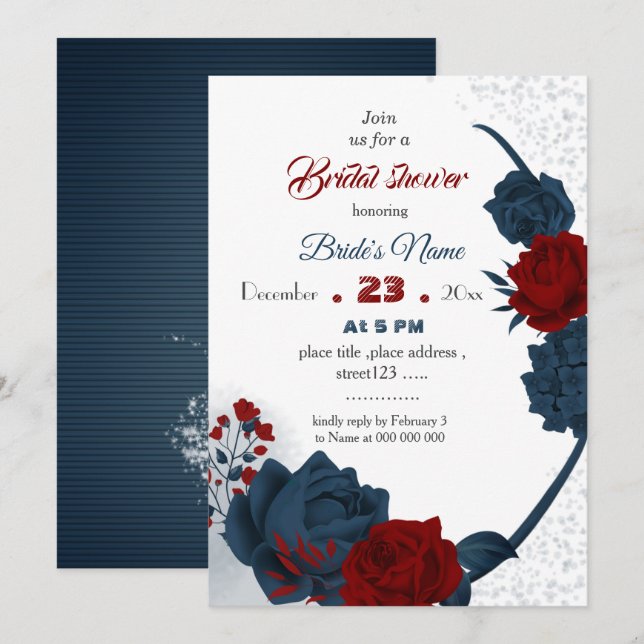 Invitación ducha de novia botánica floral marina y borgoña (Anverso / Reverso)