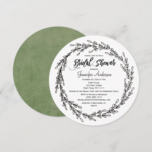 Invitación Ducha de novia botánica floral verde blanco negro (Anverso / Reverso)