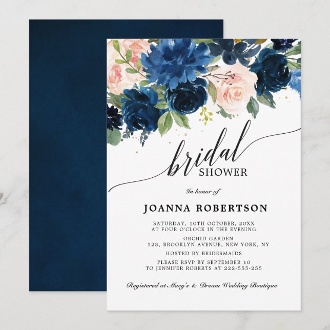 Invitación Ducha de novia botánica rosa rosa de la Marina Azu (Anverso / Reverso)