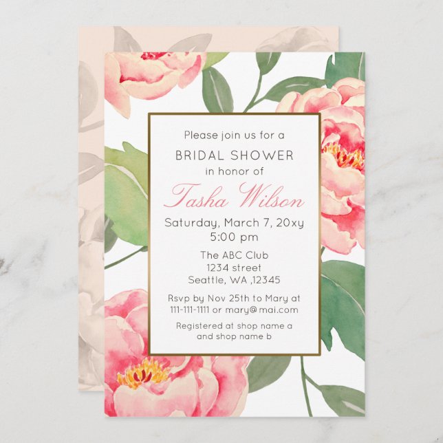 Invitación Ducha de novia botánica rosa y dorada floral (Anverso / Reverso)