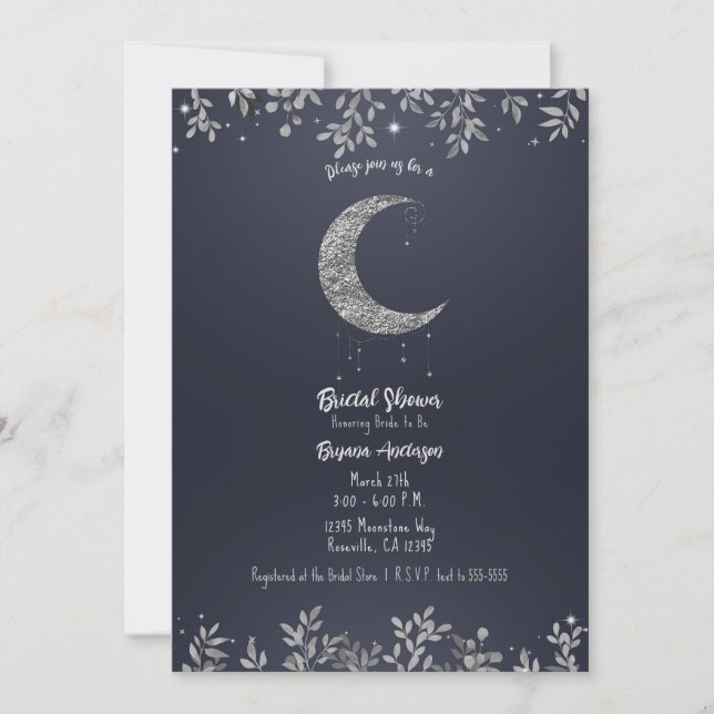Invitación Ducha de Novia Botánico Azul Luna de Plata (Anverso)