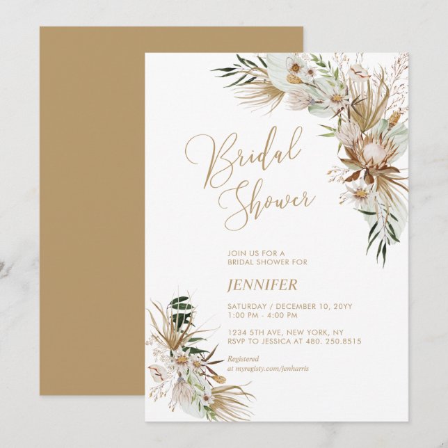 Invitación Ducha de Novia Botánico Boho Verde y Dorado (Anverso / Reverso)