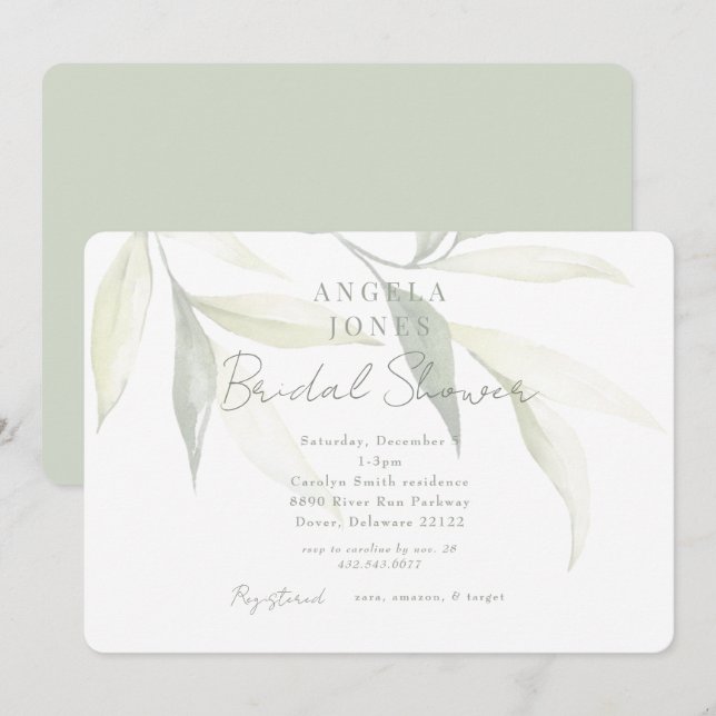Invitación Ducha de Novia Botánico Moderno Light Sage (Anverso / Reverso)