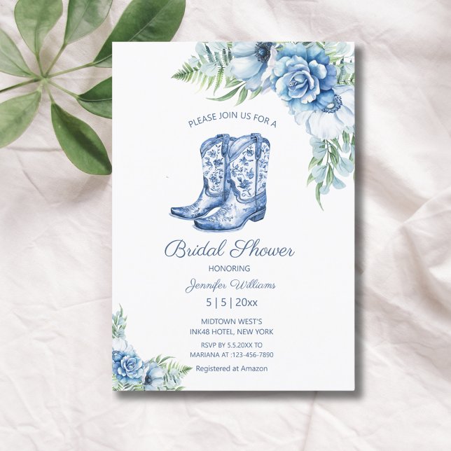 Invitación ducha de novia botas de vaquero azul floral oeste (Subido por el creador)