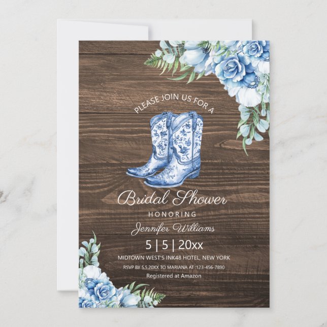 Invitación ducha de novia botas vaqueras azules florales rúst (Anverso)