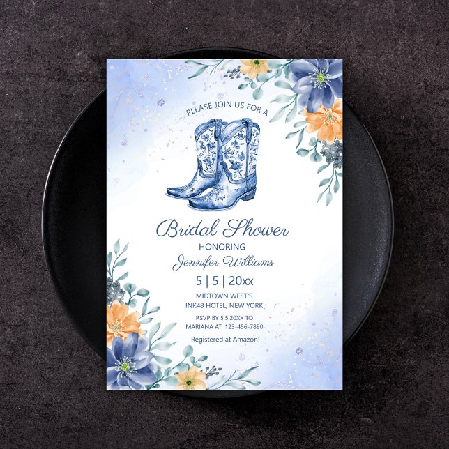 Invitación ducha de novia botas vaqueras azules flores wester (Subido por el creador)