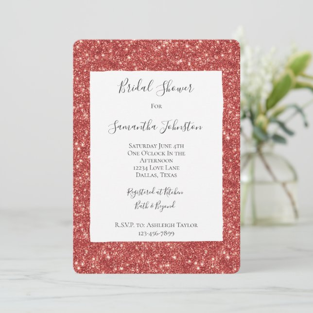 Invitación Ducha de Novia Brillo Glitzy Rojo Brillante (Anverso de pie)