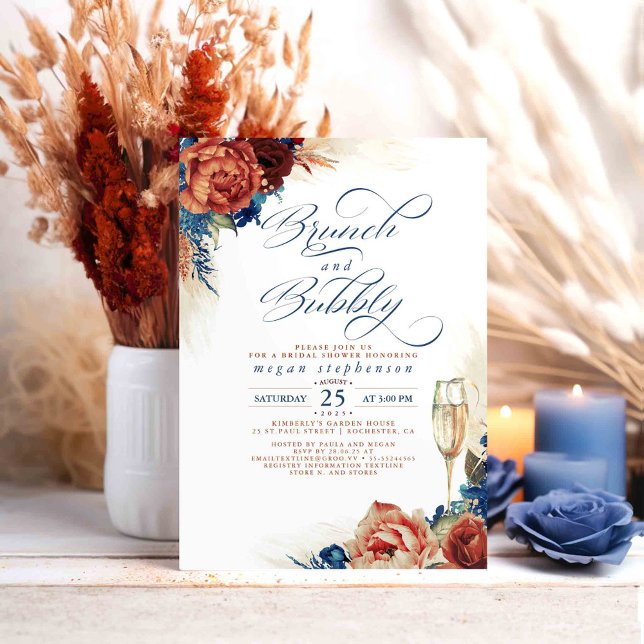 Invitación Ducha de novia Brunch and Bubbly (Terracotta and Navy Blue Floral Bridal Shower Invitations Brunch and Bubbly)