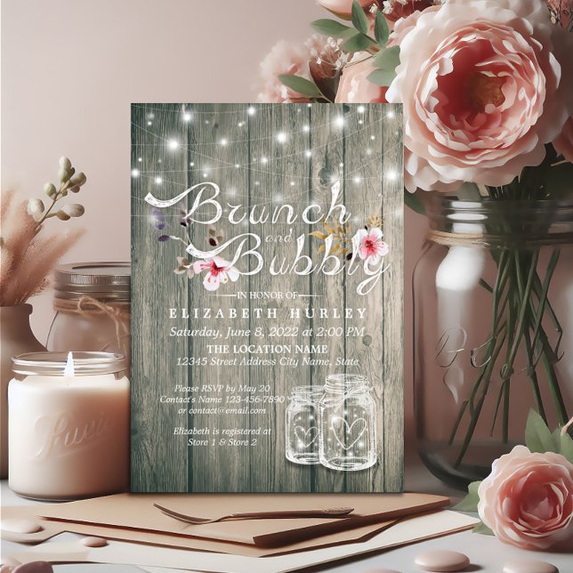 Invitación Ducha de novia Brunch Bubbly Rust Wood Mason Jar (Subido por el creador)