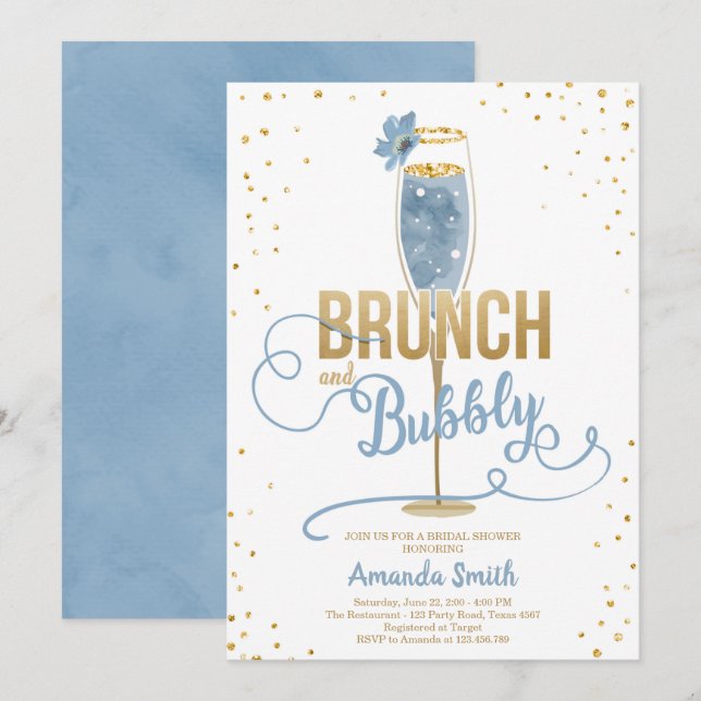Invitación Ducha de novia brunch y bubbly Blue Gold Champagne (Anverso / Reverso)