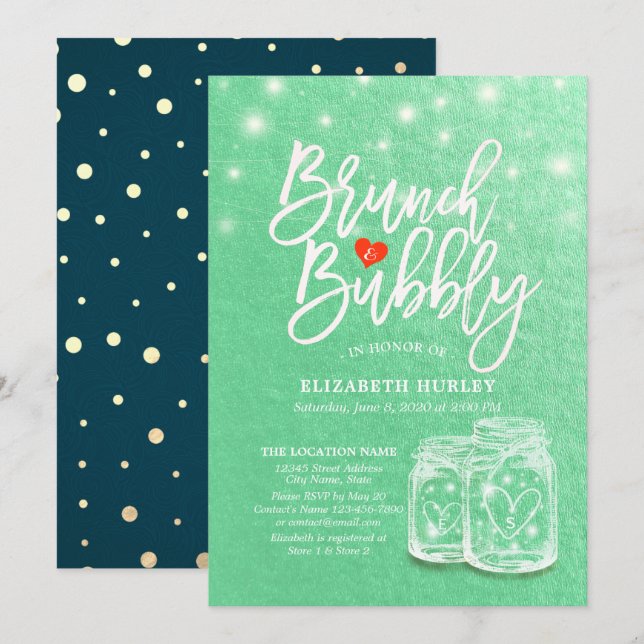 Invitación Ducha de novia brunch y bubbly Mason Jar Green Gol (Anverso / Reverso)