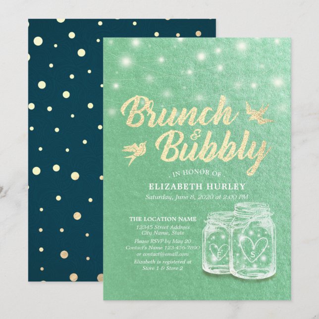 Invitación Ducha de novia brunch y bubbly Mason Jar Green Gol (Anverso / Reverso)