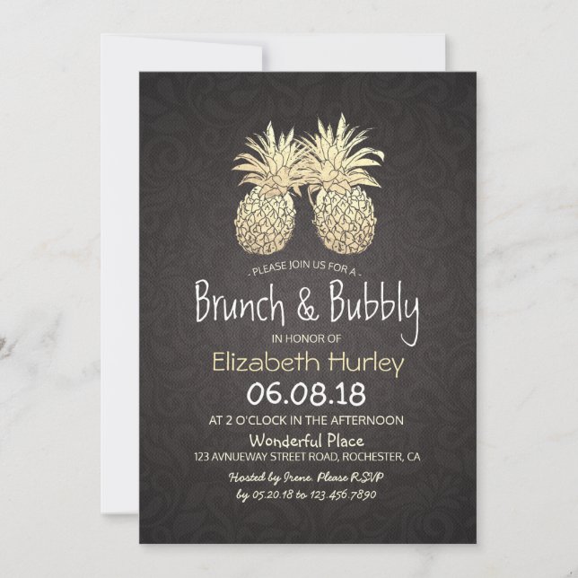 Invitación Ducha de novia brunch y burbuja piña de oro negro (Anverso)