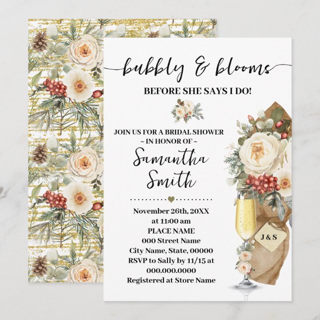Invitación Ducha de Novia Bubbly & Blooms Before I do (Anverso / Reverso)