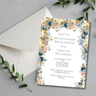 Invitación Ducha de Novia Burbujeante Floral Crema Azul Rosa