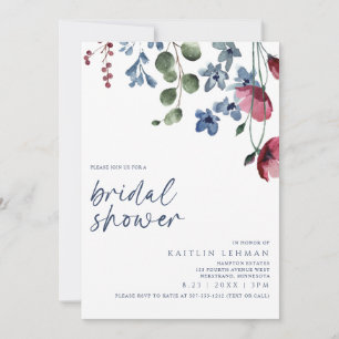 Invitación Ducha de Novia Burgundy & Flor Silvestre Azul