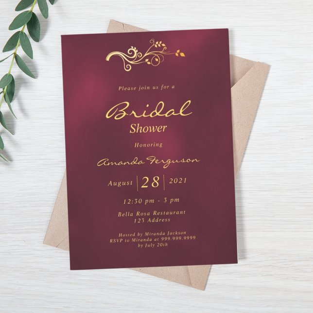 Invitación Ducha de novia burgundy oro clásico elegante (Subido por el creador)