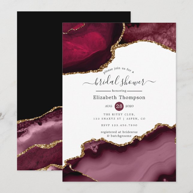 Invitación Ducha de Novia Burgundy y Ágata Dorada (Anverso / Reverso)