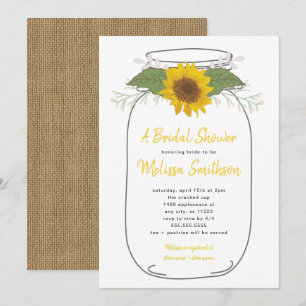 Invitación Ducha de novia Burlap Sunflower Mason Jar  blanco